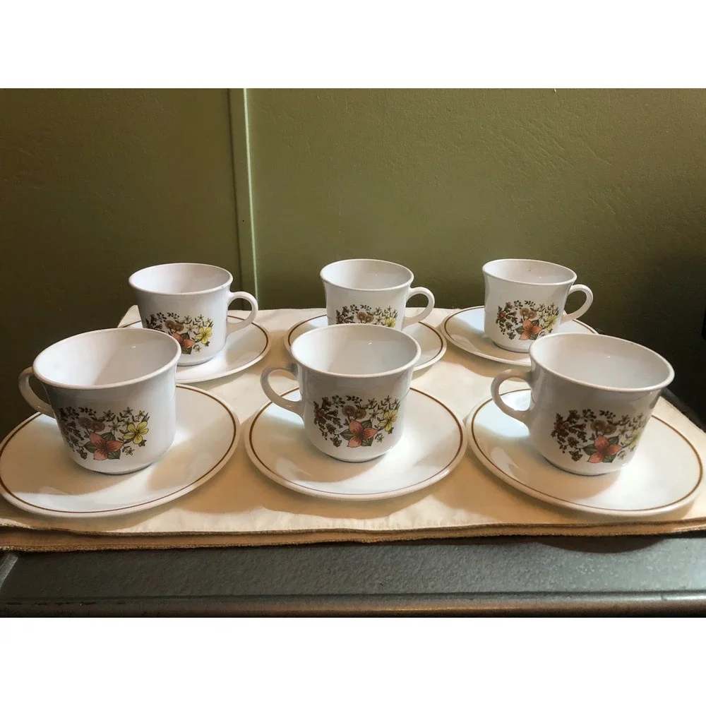Corelle Indian Summer Tea Cup and Saucer Set of 6 Vintage Corning Vitrelle USA